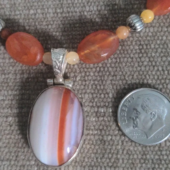 New Orange & Cream Agate Beaded Pendant Necklace, Sterling Silver, Unique, Boxed - Picture 7 of 8